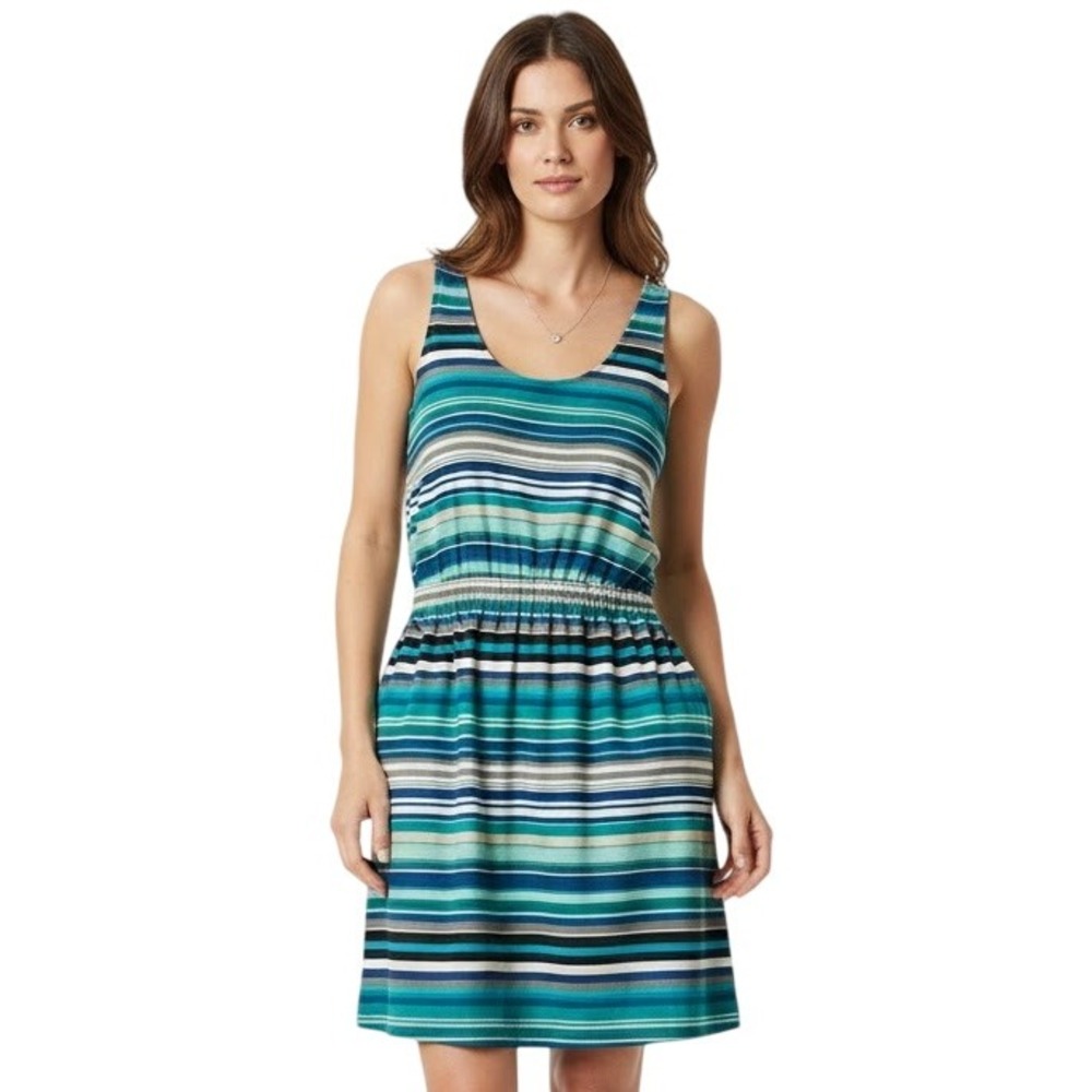 Loft Dress XS Blue White Teal Sleeveless Elastic Waist Striped Casual Coastal
